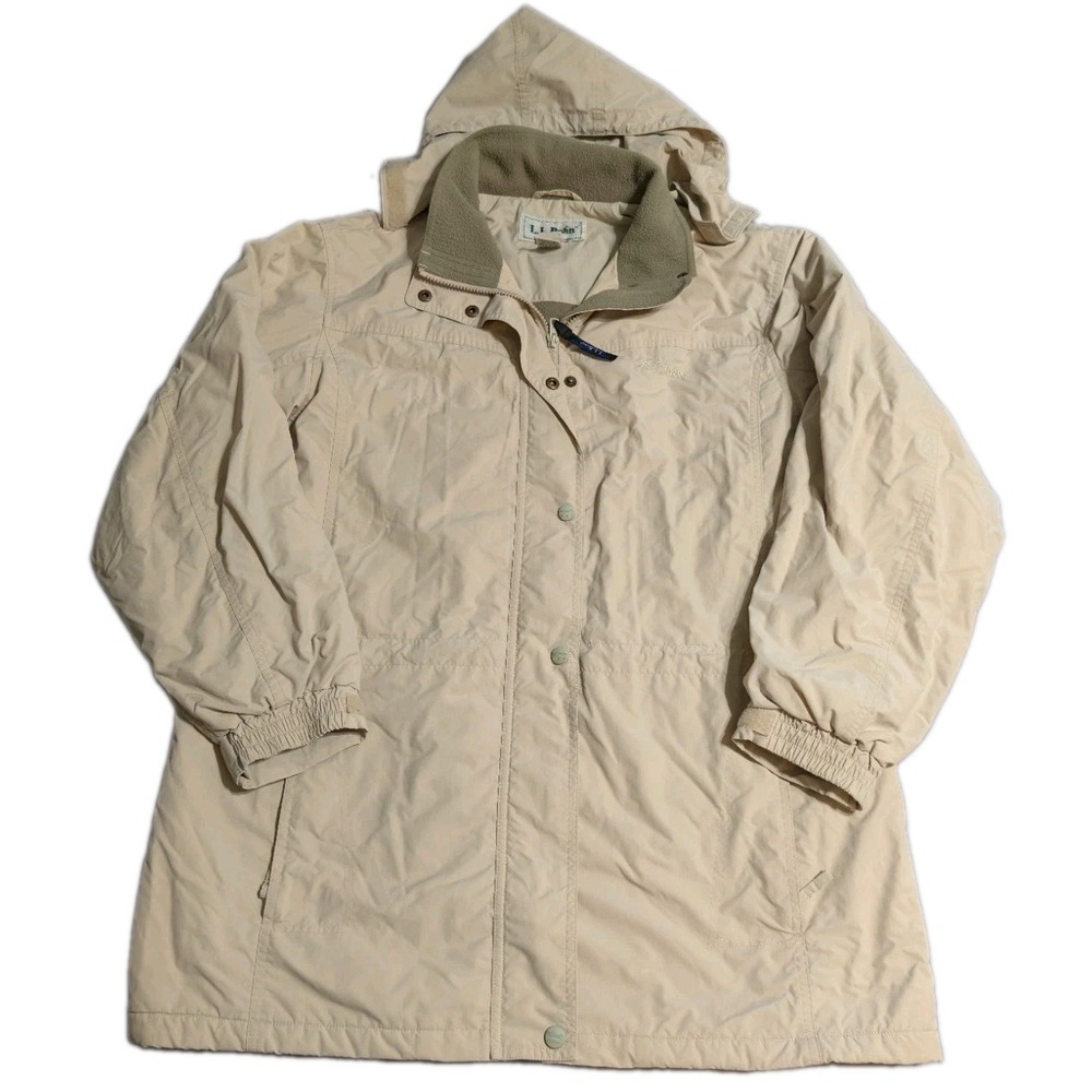 LL Bean Three Season Jacket Womens L Cream Fleece Lined Hooded Full Zip